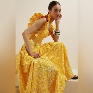 NWT SIKA x Anthropologie Marigold Yellow White Ruffled Sleeve Maxi Dress